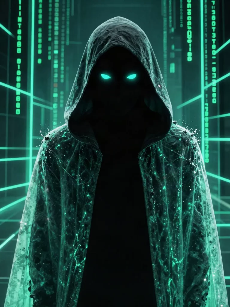 The CloudWraith figure: a hooded translucent form glowing teal-green against near-black